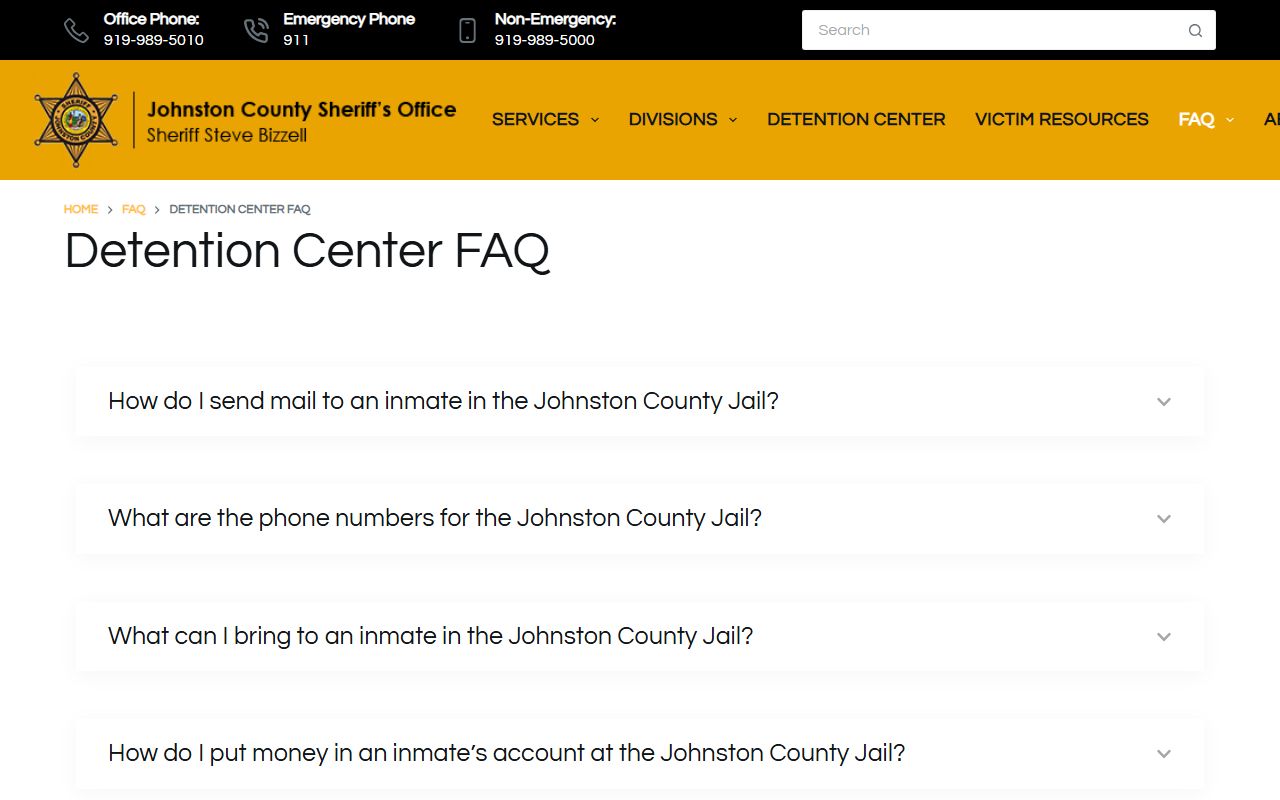 Johnston County Jail detention FAQ for visitation mail money and inmate services