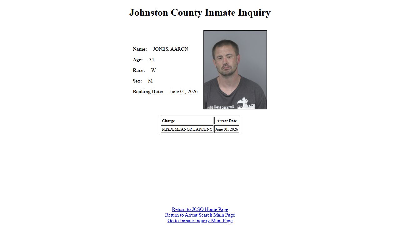 Johnston County jail mugshot field on an inmate profile